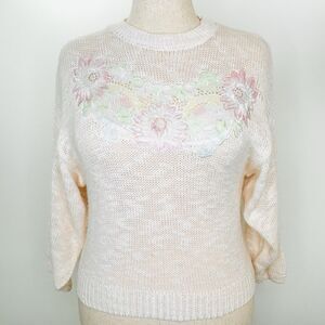 Vintage Pretense Sweater Women L Pink Knit Barbiecore Grandma Preppy Floral‎ 80s